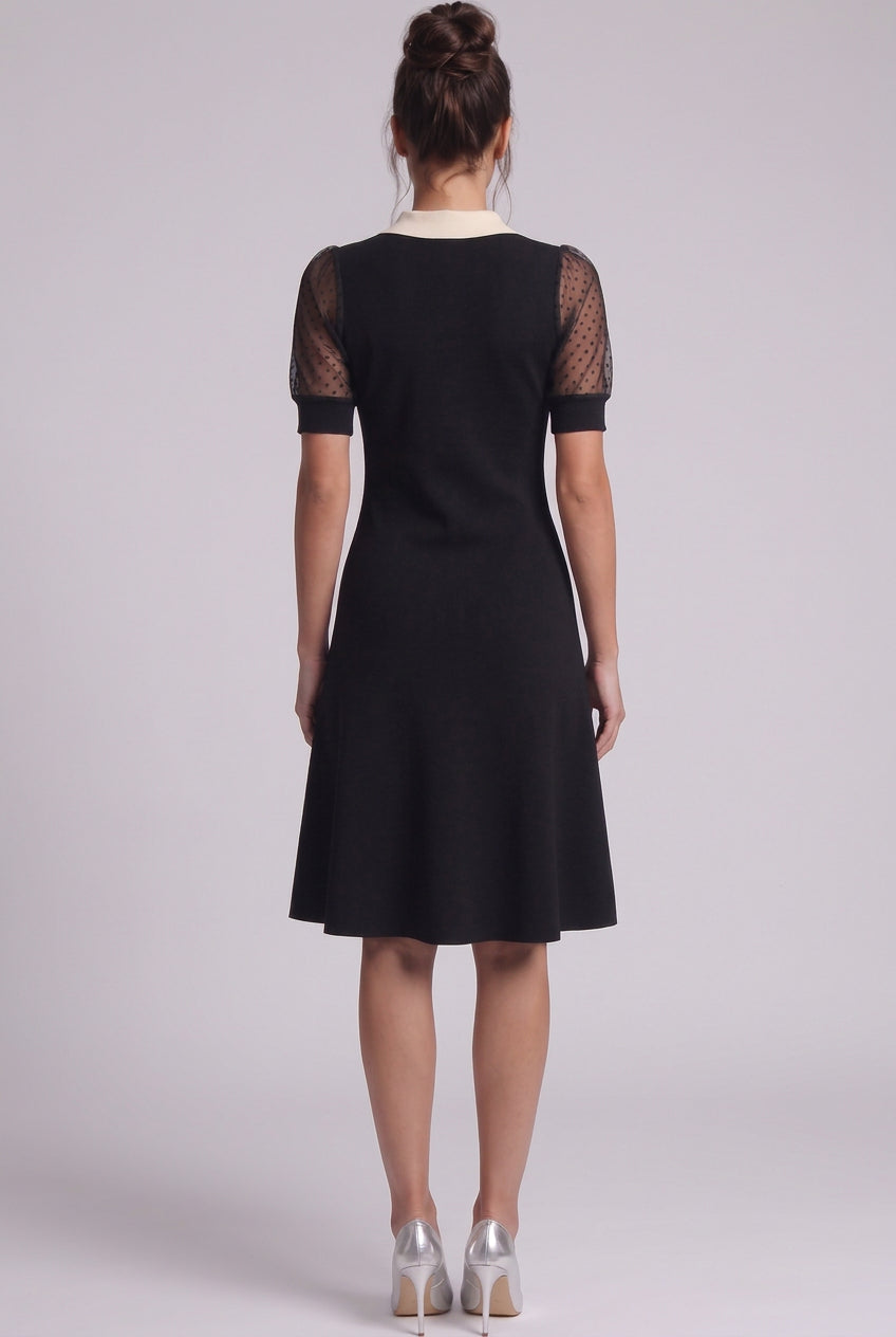 Black Fine Knit A-Line Dress with Contrast Collar Flowering Girl