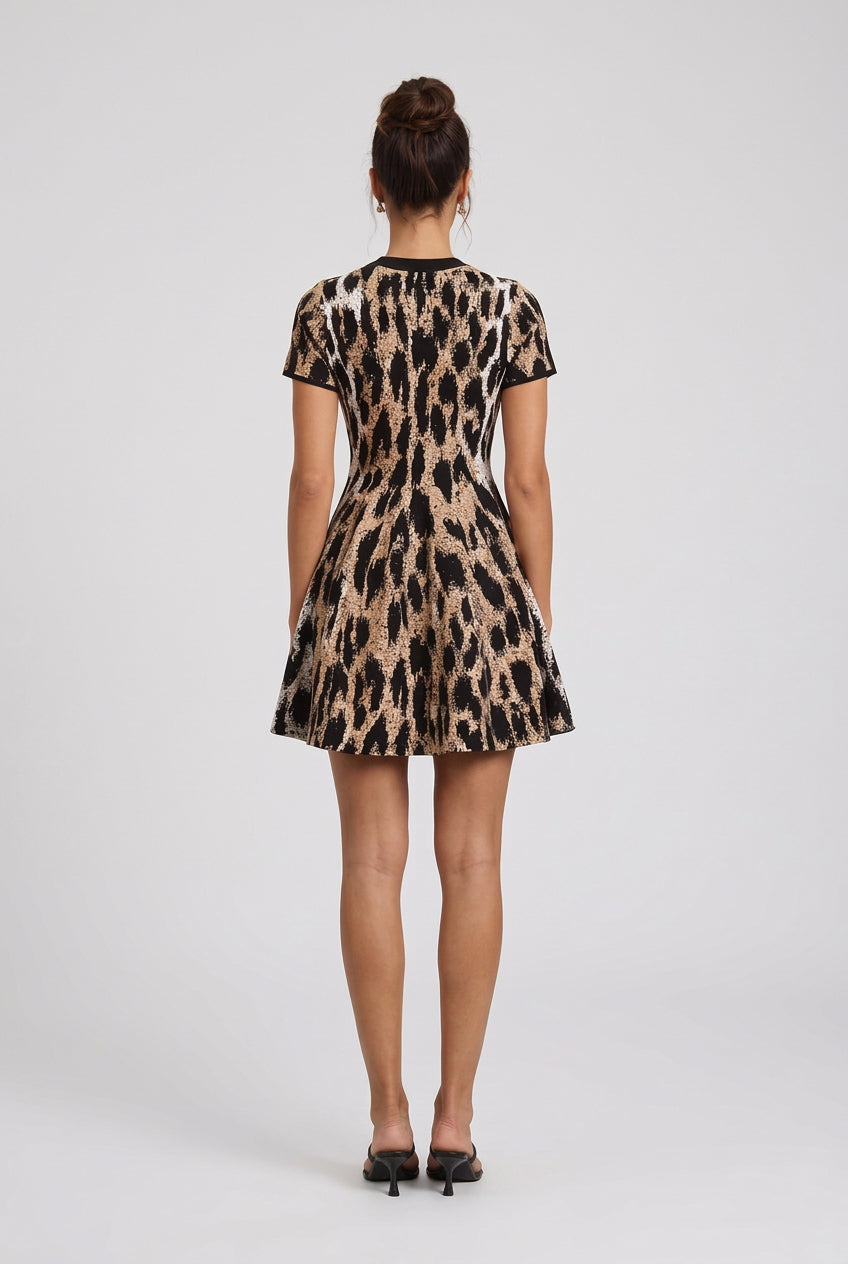 Black & Beige Abstract Leopard Print Structured Knit A-Line Mini Dress Flowering Girl