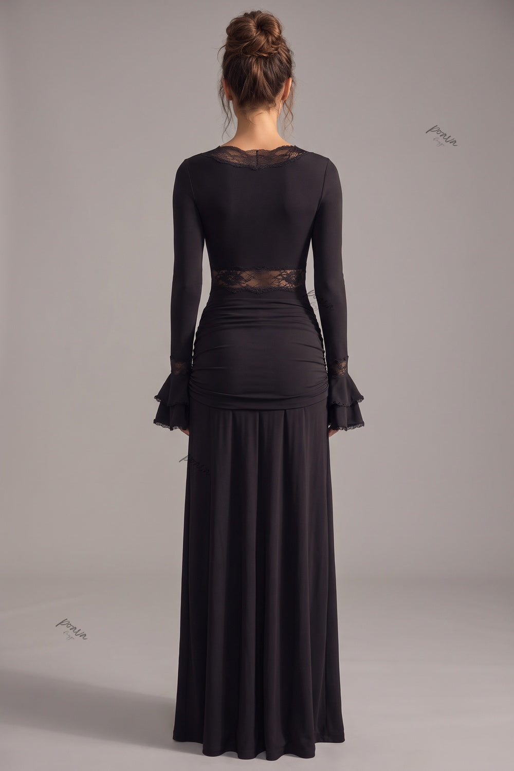 Black Stretch Maxi Dress with Lace Trim and Tiered Cuffs Flowering Girl