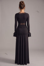 Black Stretch Maxi Dress with Lace Trim and Tiered Cuffs Flowering Girl