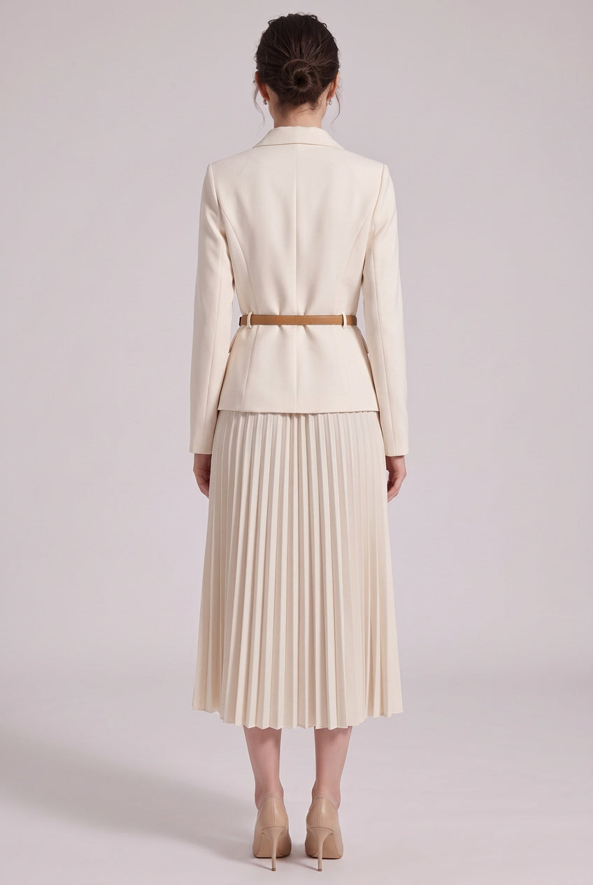 Cream Structured Crepe Blazer and Pleated Skirt Set Flowering Girl