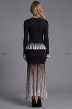 Black Ribbed Knit Two-Piece Set with Metallic Pleated Peplum Flowering Girl