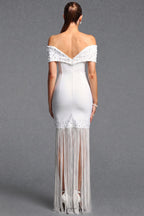 White Off-The-Shoulder Fitted Sheath Dress with Fringe and Pearl Details Flowering Girl