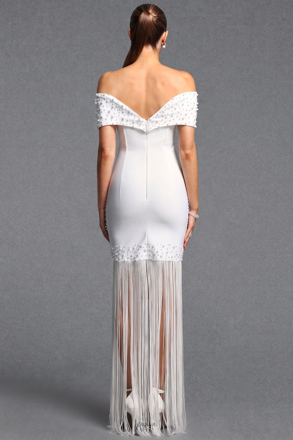 White Off-The-Shoulder Fitted Sheath Dress with Fringe and Pearl Details Flowering Girl