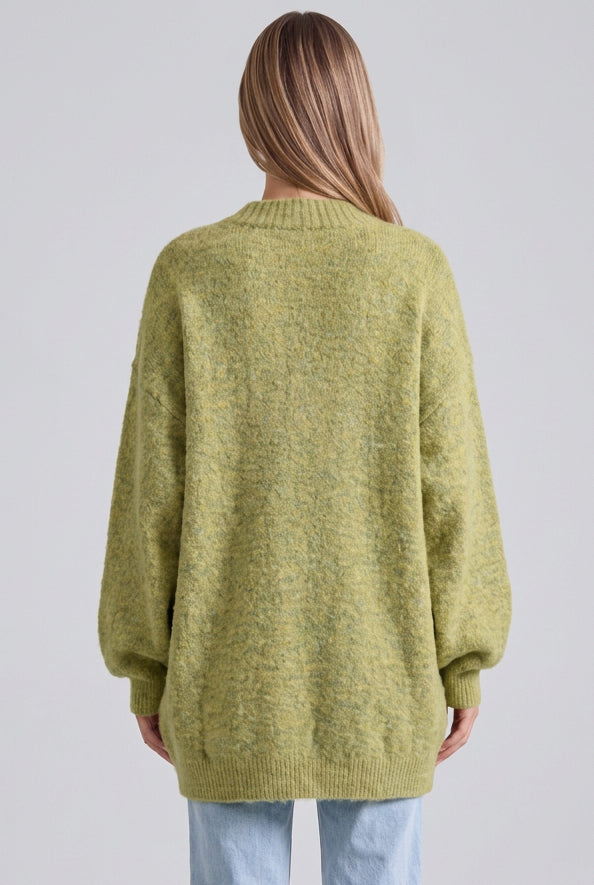 Chartreuse Heathered Knit Oversized Cardigan with Beaded Pearl Shoulders Flowering Girl