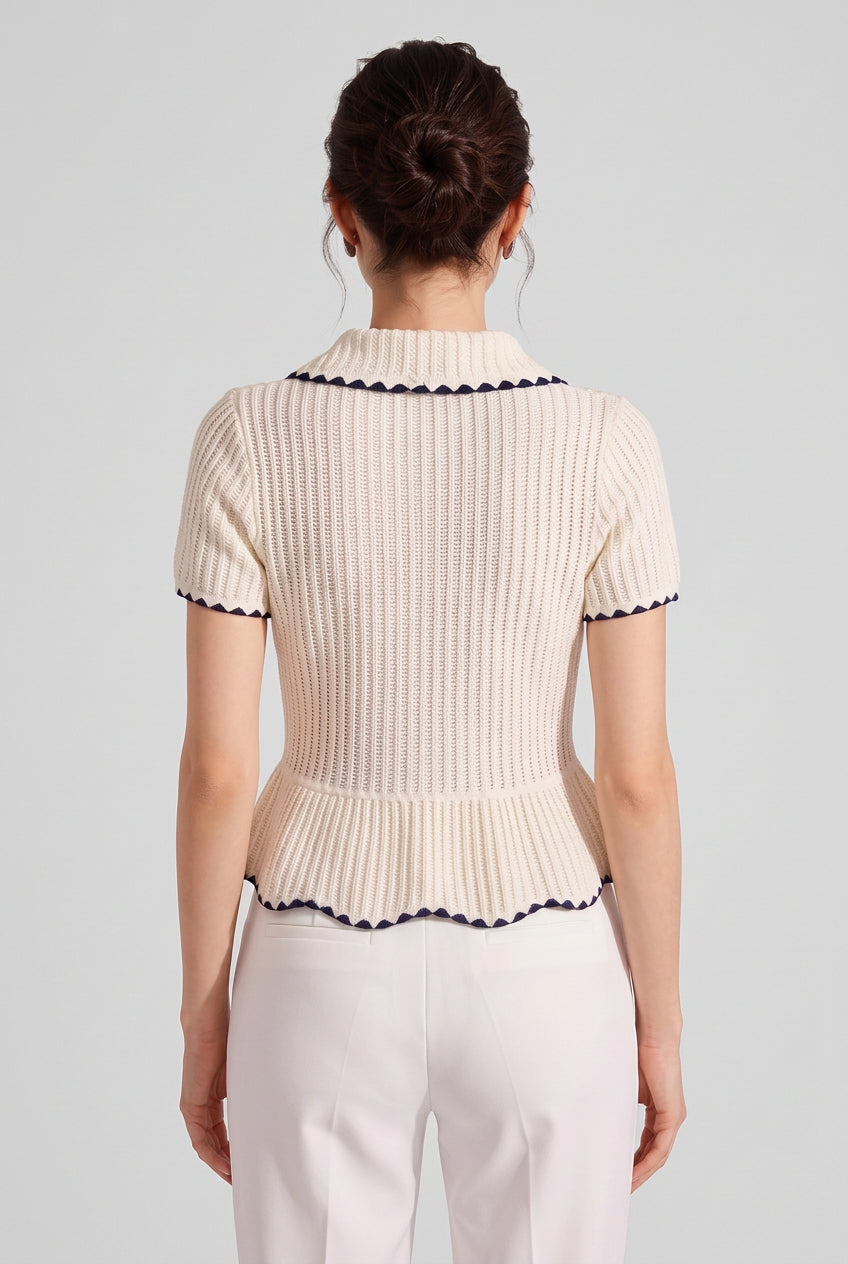 Cream Ribbed Knit Peplum Short-Sleeve Cardigan Flowering Girl