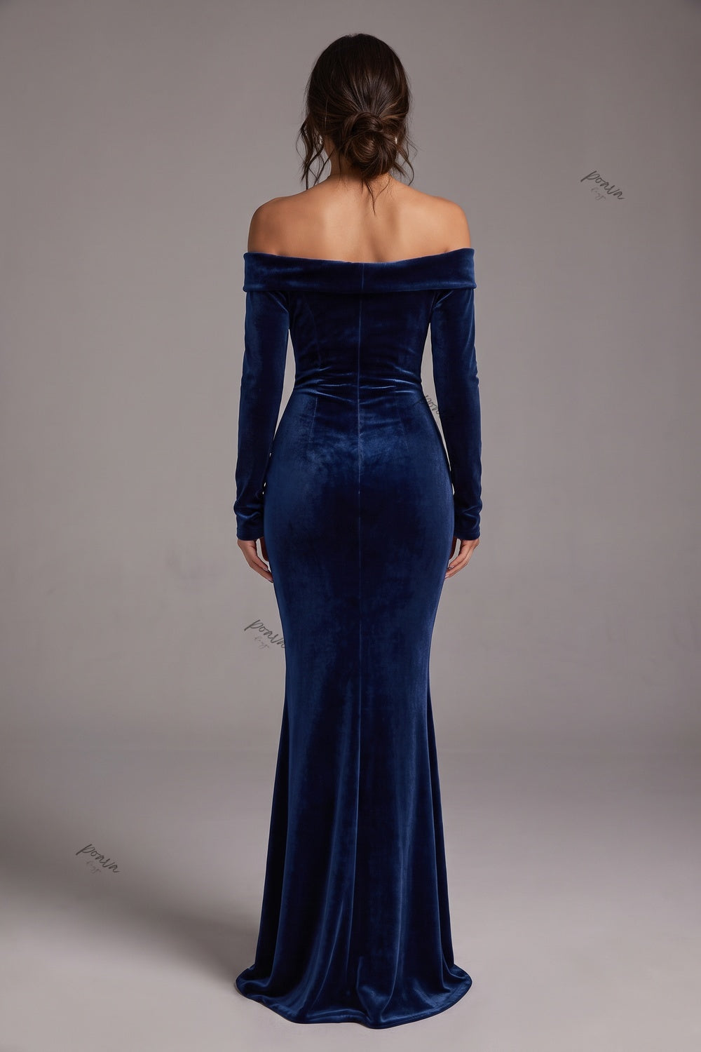 Navy Blue Velvet Mermaid Evening Gown Flowering Girl