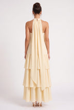 Pale Yellow Tiered A-Line Maxi Dress with Cascading Ruffles Flowering Girl