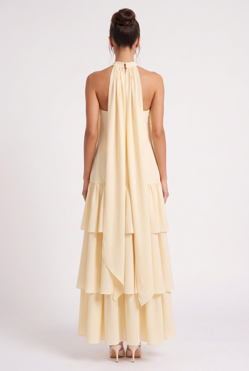 Pale Yellow Tiered A-Line Maxi Dress with Cascading Ruffles Flowering Girl