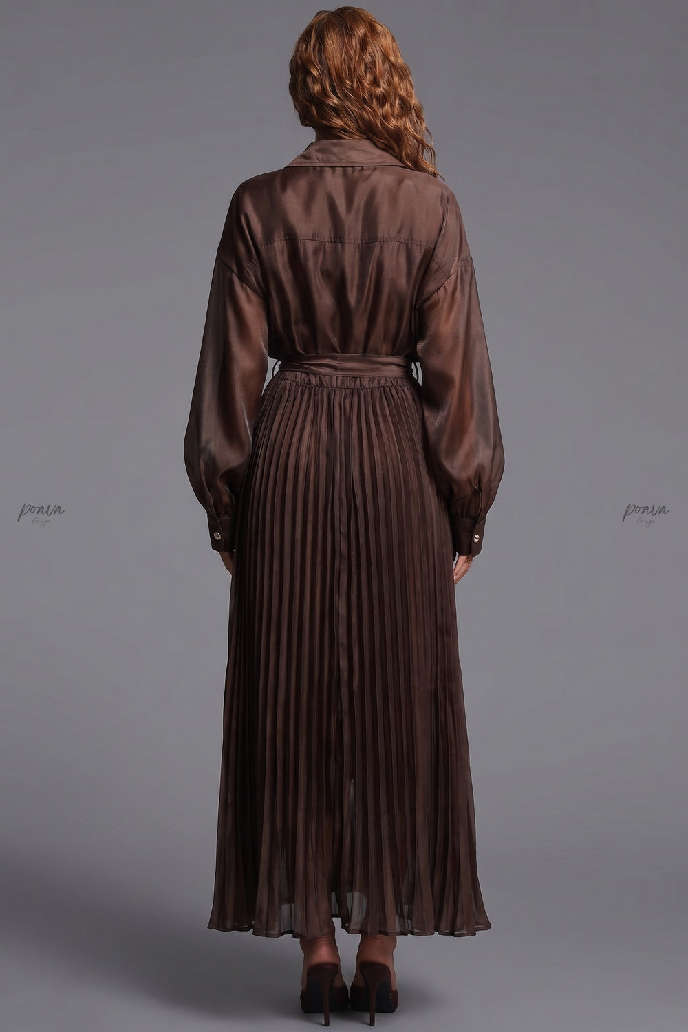Chocolate Brown Semi-Sheer Organza-Like A-Line Maxi Shirt Dress Flowering Girl