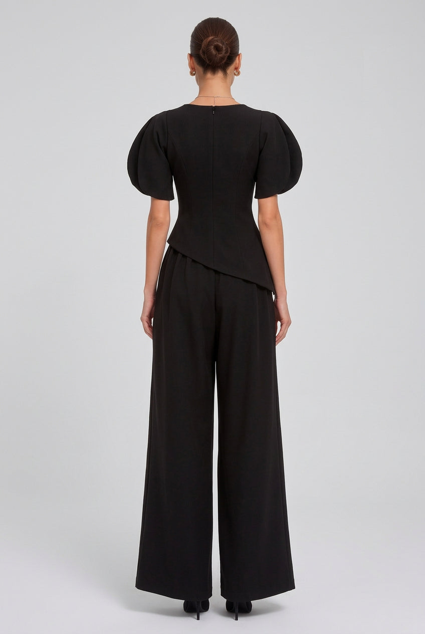Black Structured Crepe Two-Piece Set with Puff Sleeves and Asymmetrical Peplum Flowering Girl