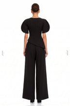 Black Structured Crepe Two-Piece Set with Puff Sleeves and Asymmetrical Peplum Flowering Girl