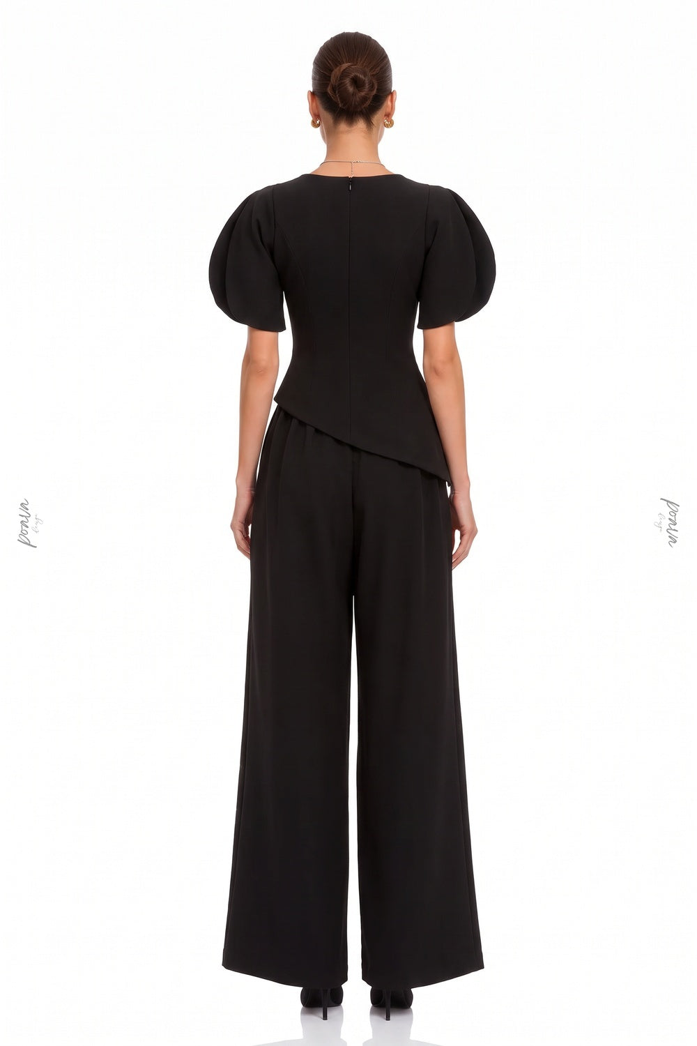 Black Structured Crepe Two-Piece Set with Puff Sleeves and Asymmetrical Peplum Flowering Girl
