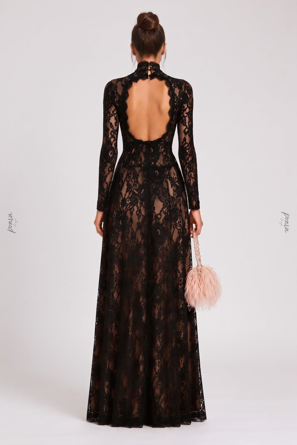 Black Floral Lace Column Gown with Front Slit and Cutouts Flowering Girl