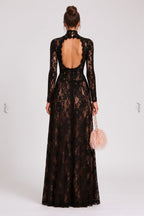 Black Floral Lace Column Gown with Front Slit and Cutouts Flowering Girl