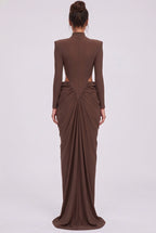 Chocolate Brown Matte Jersey Column Gown with Structured Shoulders Flowering Girl