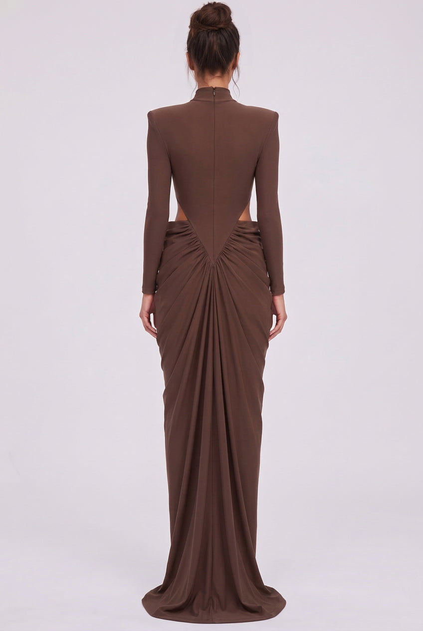 Chocolate Brown Matte Jersey Column Gown with Structured Shoulders Flowering Girl