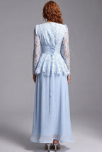 Light Blue Floral Lace Peplum Top & Pleated Maxi Skirt Two-Piece Dress Set Flowering Girl