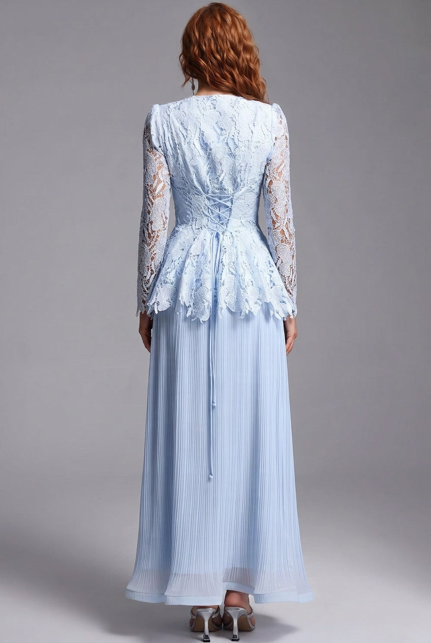 Light Blue Floral Lace Peplum Top & Pleated Maxi Skirt Two-Piece Dress Set Flowering Girl