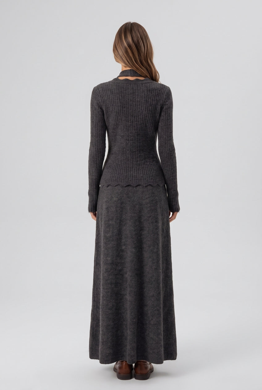 Dark Grey Ribbed Knit Two-Piece Set with Rose Buttons and Choker Flowering Girl