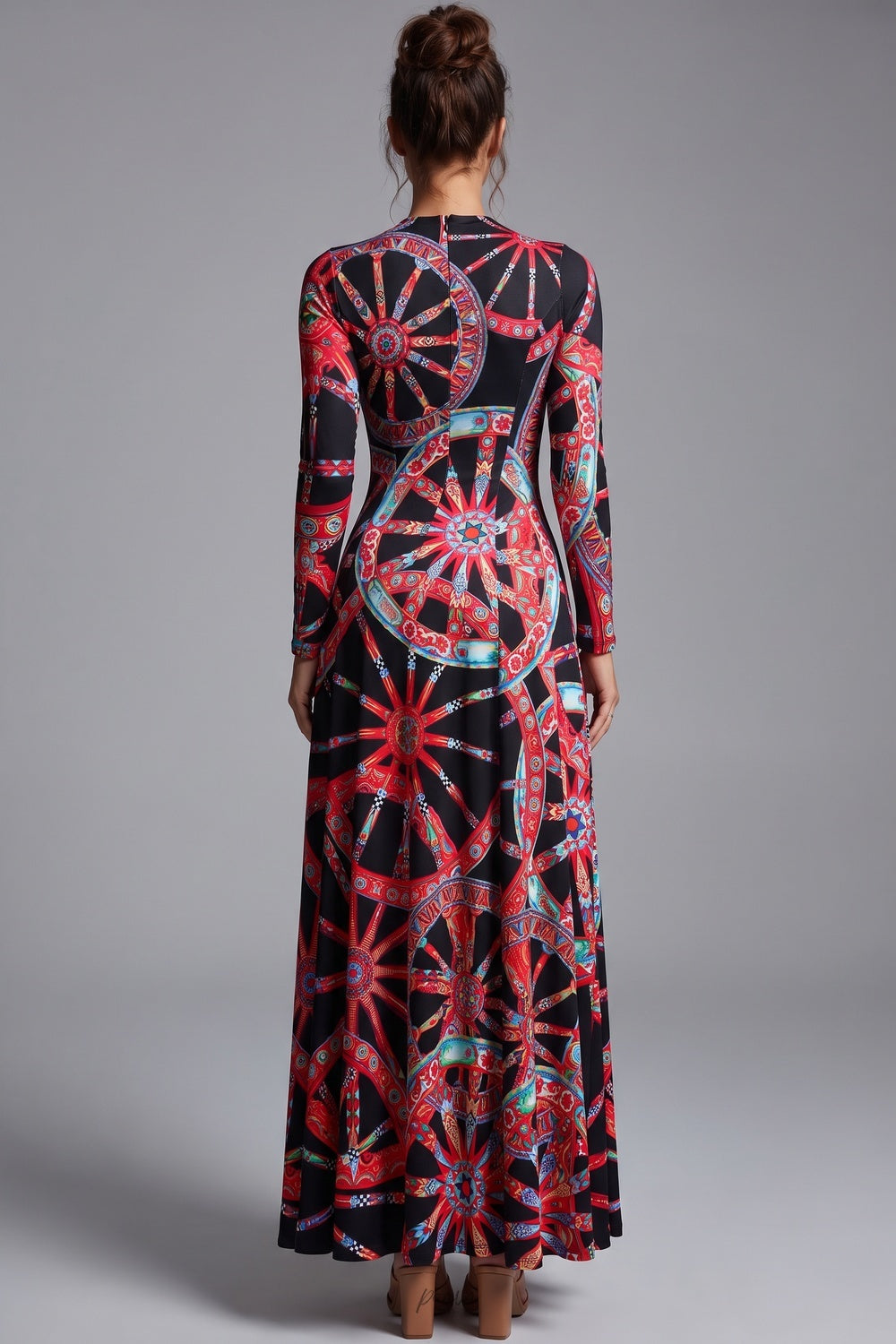 Black Stretch Jersey A-Line Maxi Dress with Geometric Wheel Print Flowering Girl
