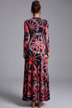 Black Stretch Jersey A-Line Maxi Dress with Geometric Wheel Print Flowering Girl