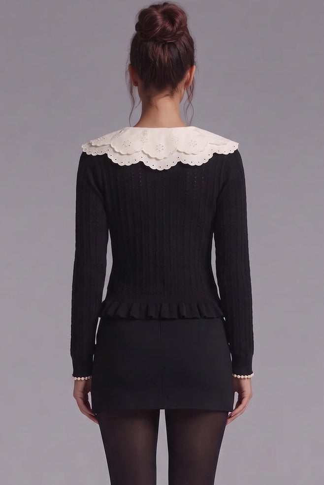 Black Peplum Cardigan with White Scalloped Collar Flowering Girl