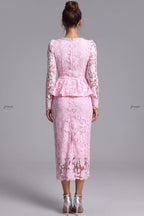 Light Pink Floral Lace Two-Piece Peplum Top and Midi Pencil Skirt Set Flowering Girl