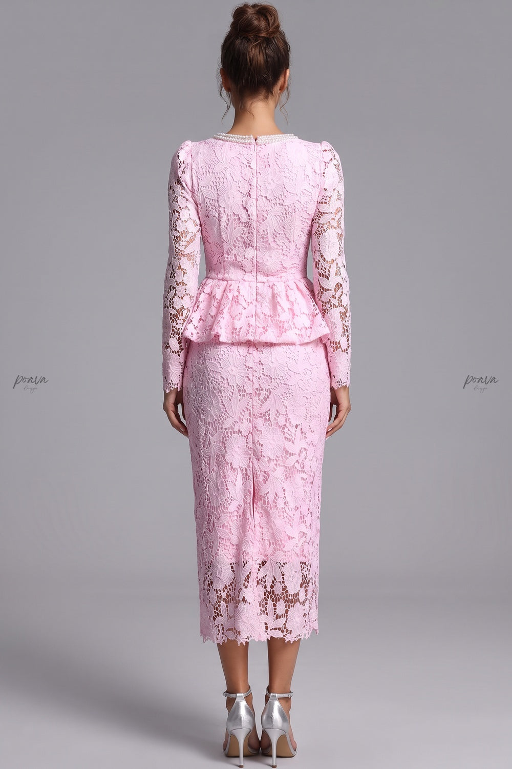 Light Pink Floral Lace Two-Piece Peplum Top and Midi Pencil Skirt Set Flowering Girl