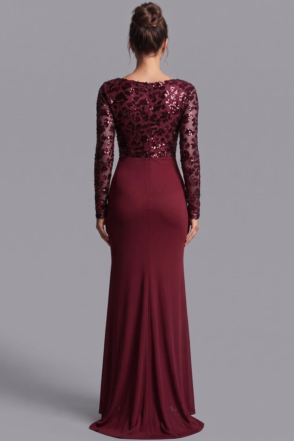 burgundy sequined mesh column evening gown Flowering Girl
