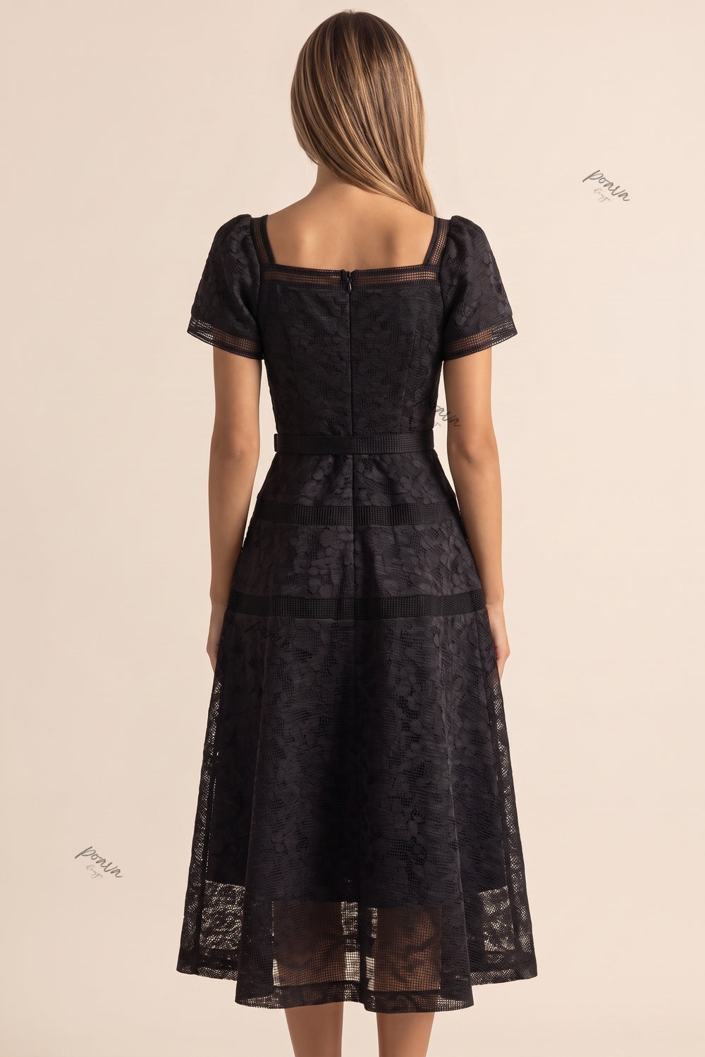 Black Floral Lace Fit-and-Flare Midi Dress Flowering Girl