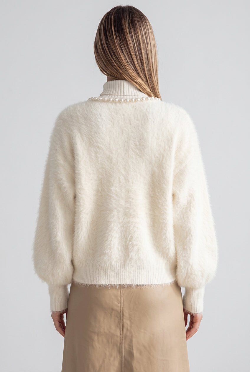 Off-White Fuzzy Mohair-Style Knit Cardigan with Pearl Trim Flowering Girl
