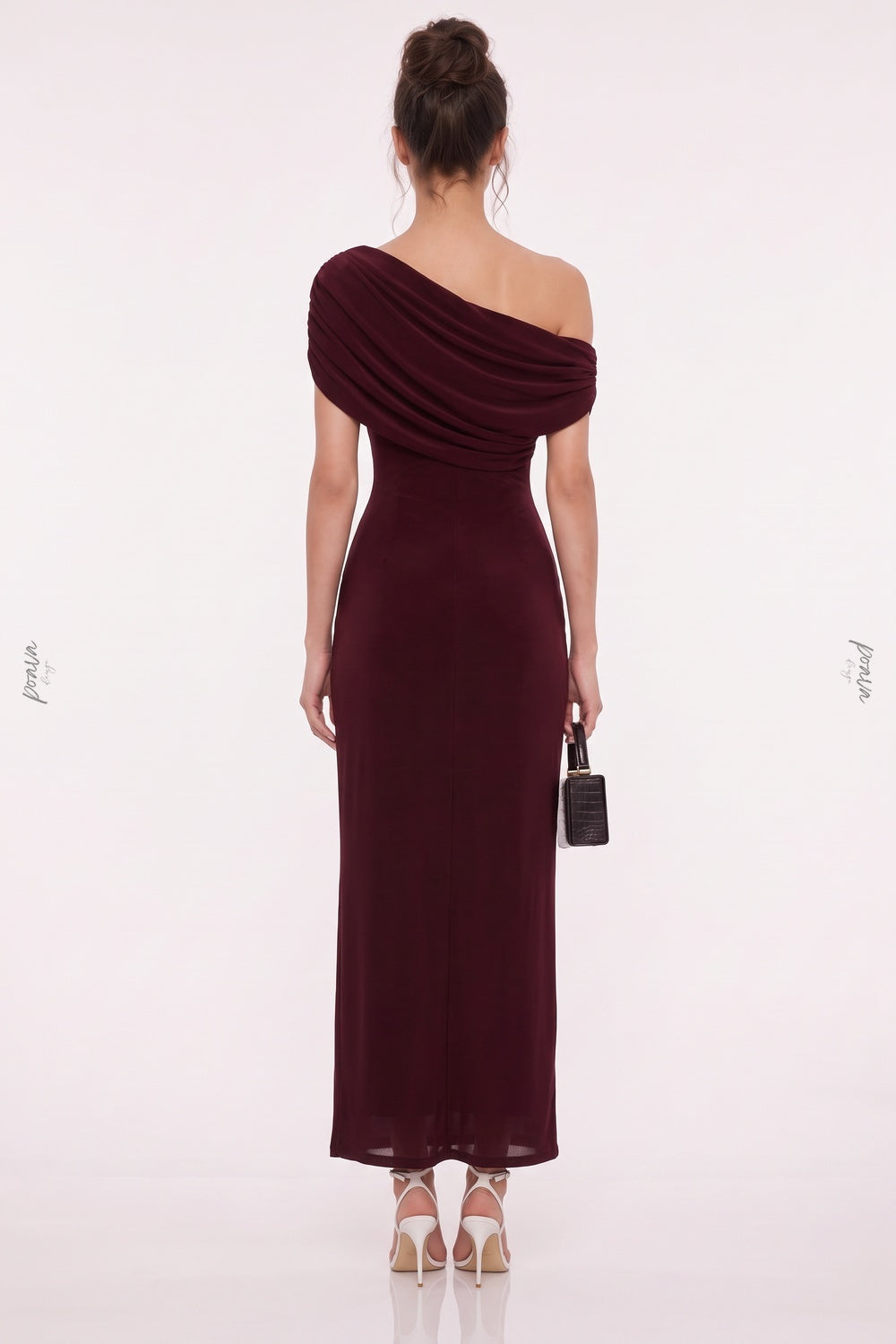 Burgundy Asymmetrical Off-The-Shoulder Ruched Column Dress Flowering Girl