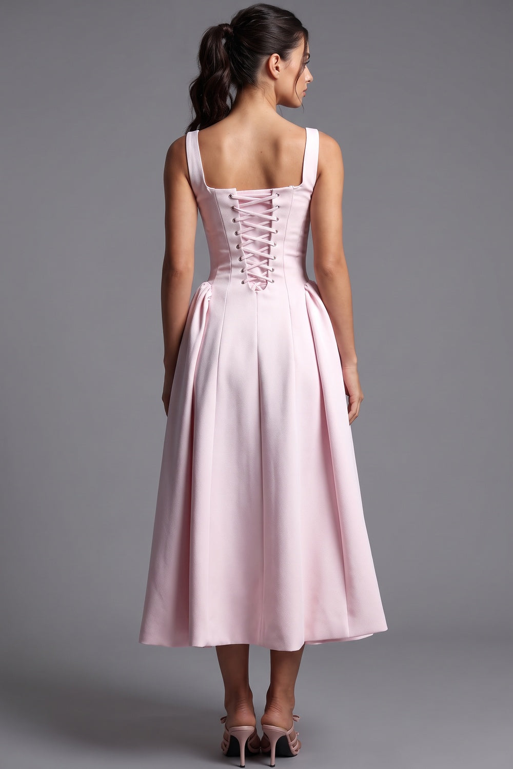Light Pink Structured Satin Fit-and-Flare Midi Dress Flowering Girl