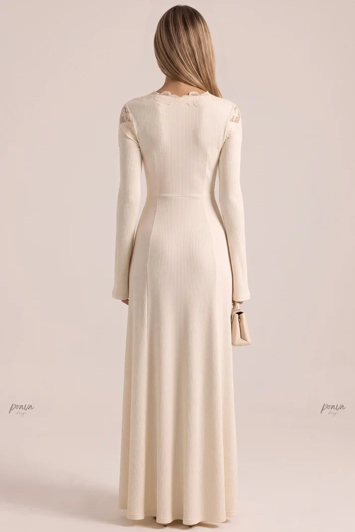 Cream Ribbed Knit Maxi Dress with Lace V-Neck Flowering Girl