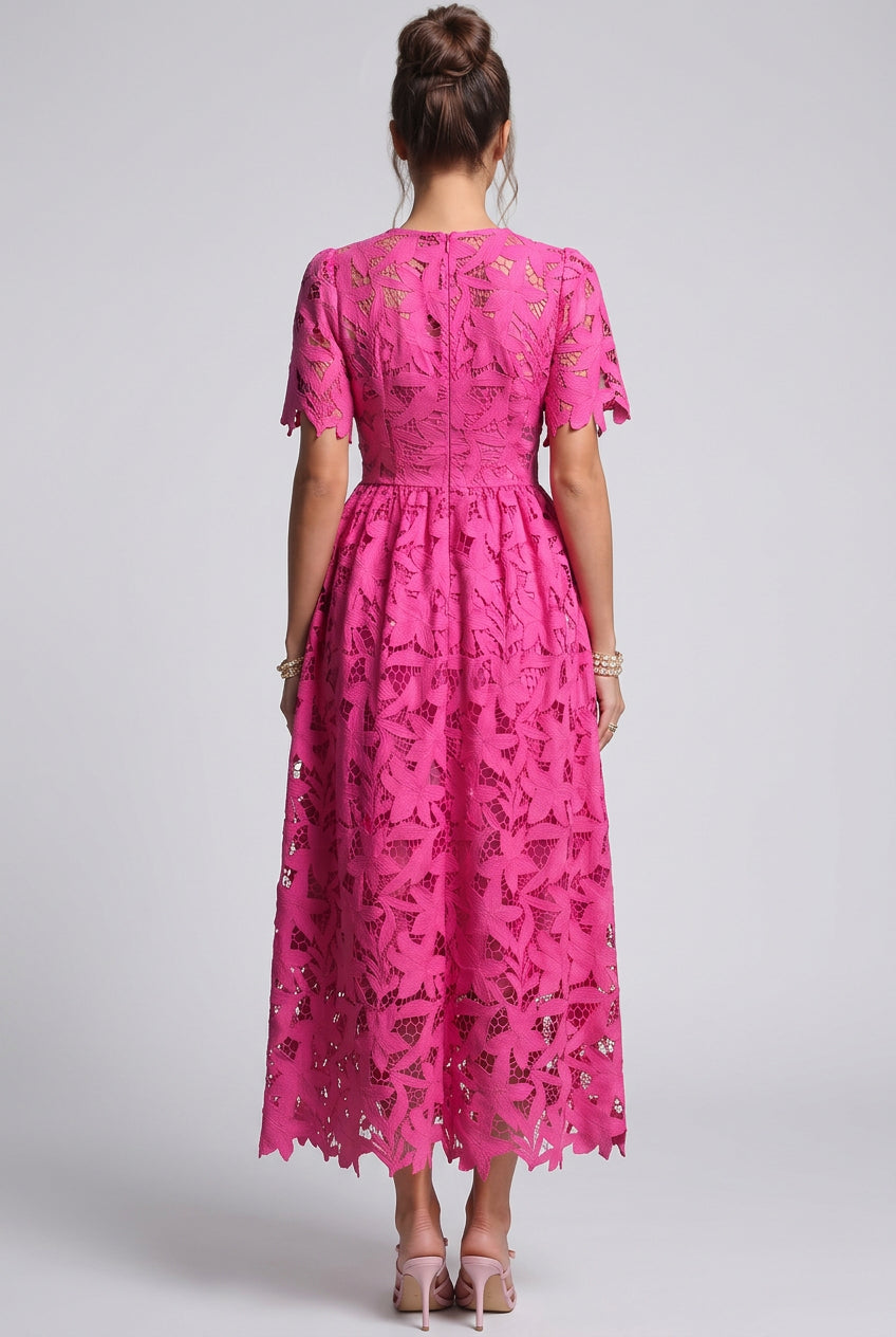Magenta Guipure Lace A-Line Midi Dress Flowering Girl