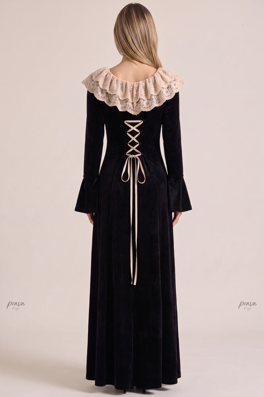 Black Velvet A-Line Maxi Dress with Lace Collar Flowering Girl