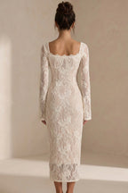 Champagne Beige Lace Midi Bridal Dress Square Neck Long Flare Sleeve Bodycon Wedding Guest Dress Flowering Girl