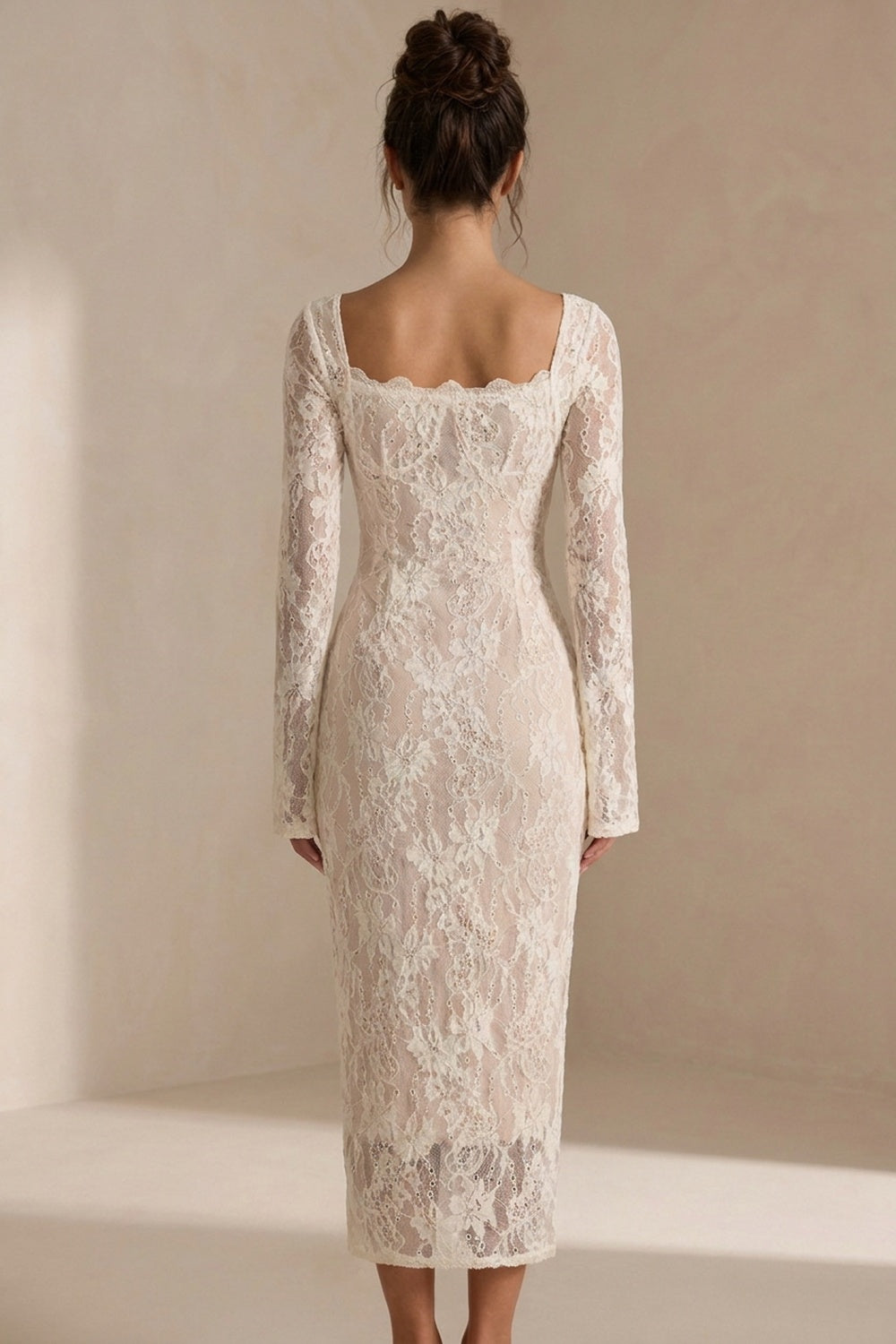 Champagne Beige Lace Midi Bridal Dress Square Neck Long Flare Sleeve Bodycon Wedding Guest Dress Flowering Girl