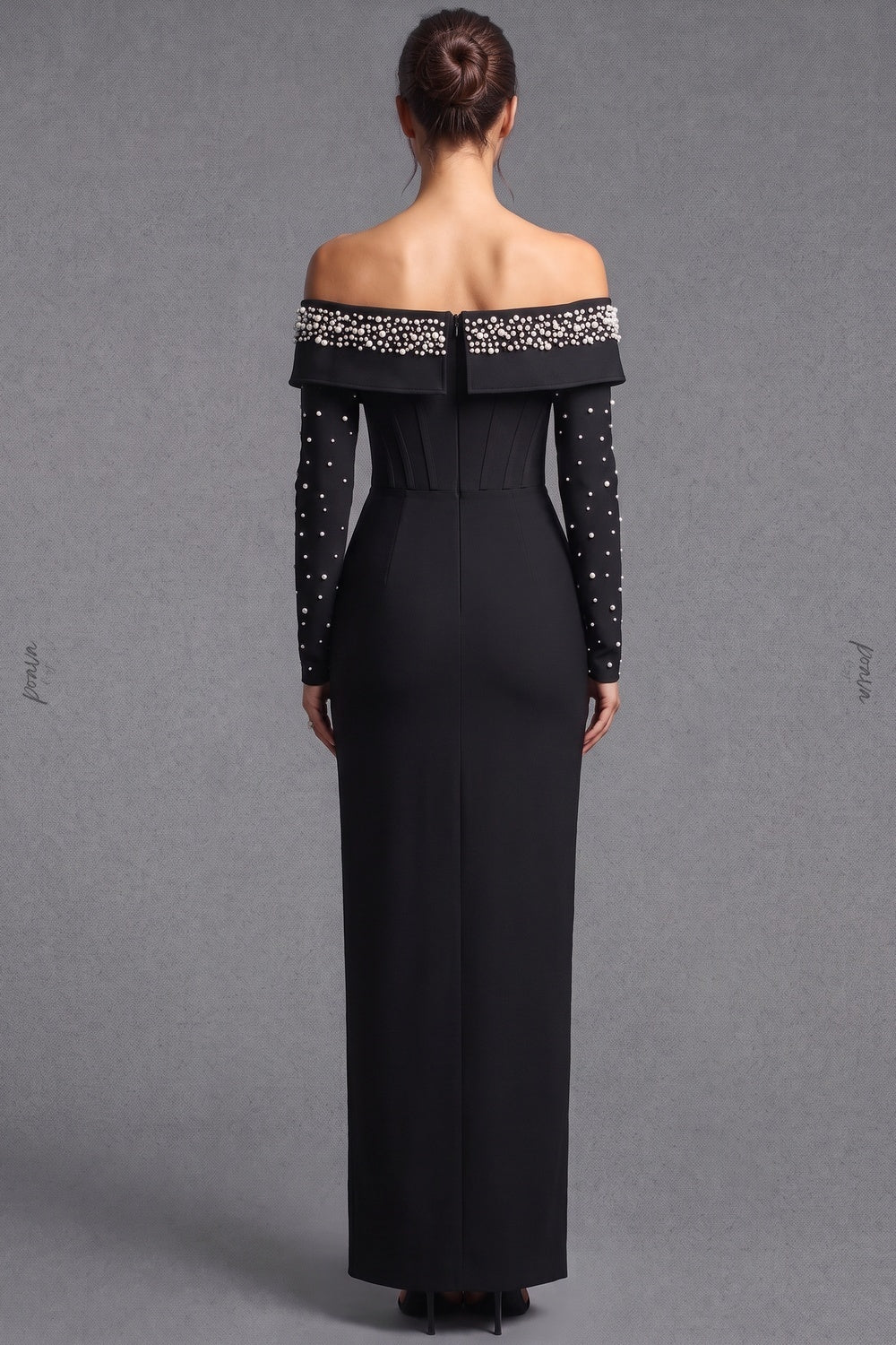 Black Heavy Stretch Crepe Column Evening Gown with Pearl Embellishment Flowering Girl