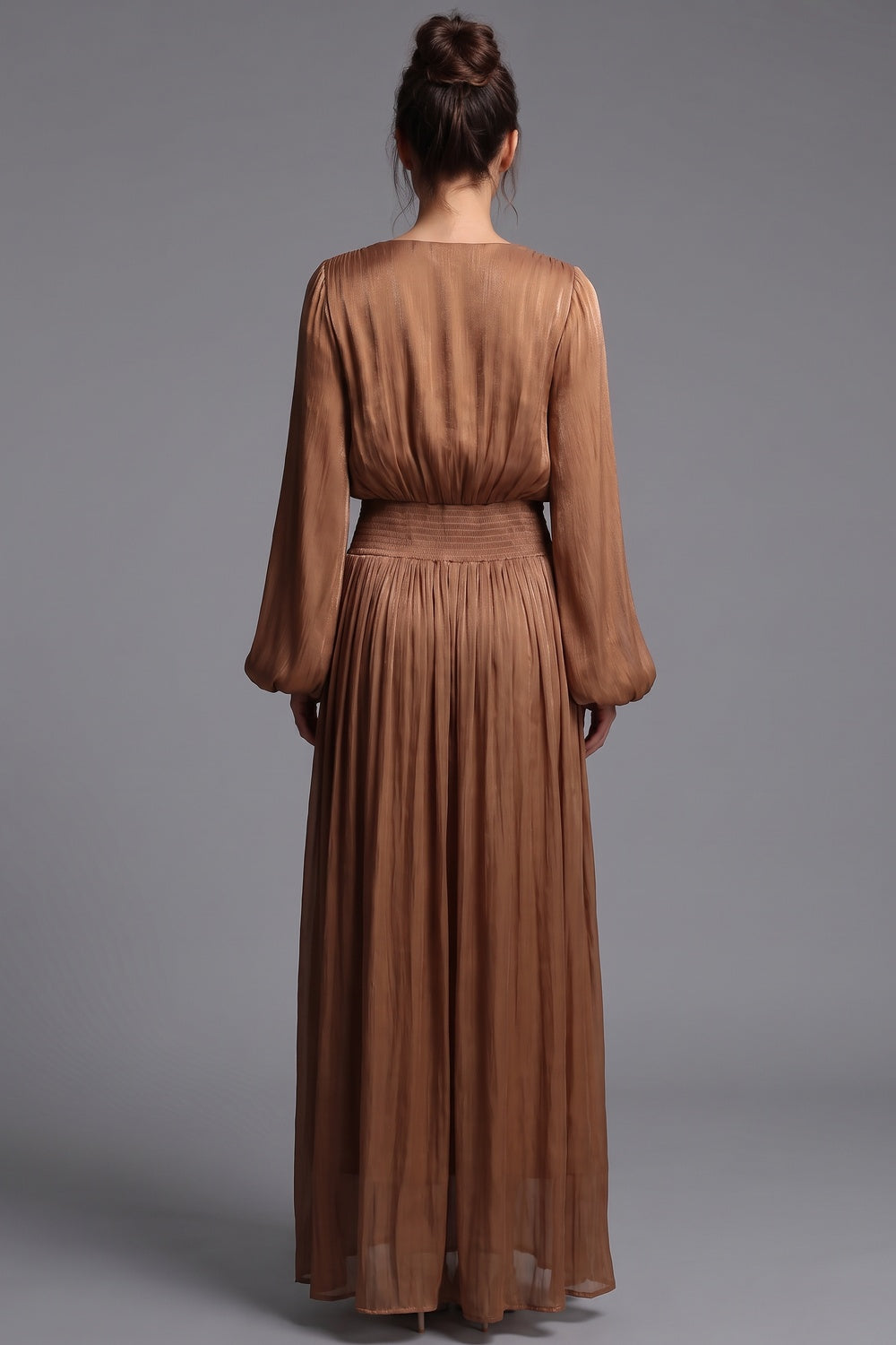 Bronze Brown Pleated Satin-Georgette Blend Maxi Dress Flowering Girl