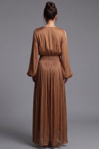 Bronze Brown Pleated Satin-Georgette Blend Maxi Dress Flowering Girl