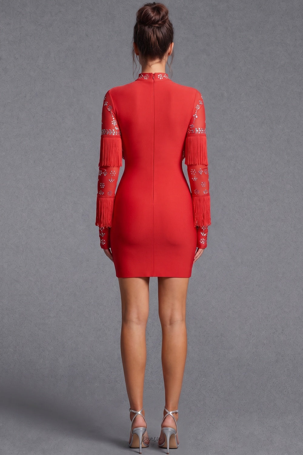 Red Heavy Stretch Knit Bodycon Mini Dress with Silver Crystal Fringe Flowering Girl
