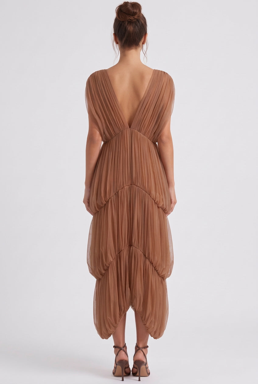 Brown Sheer Tulle Mesh Tiered Cocoon Dress Flowering Girl