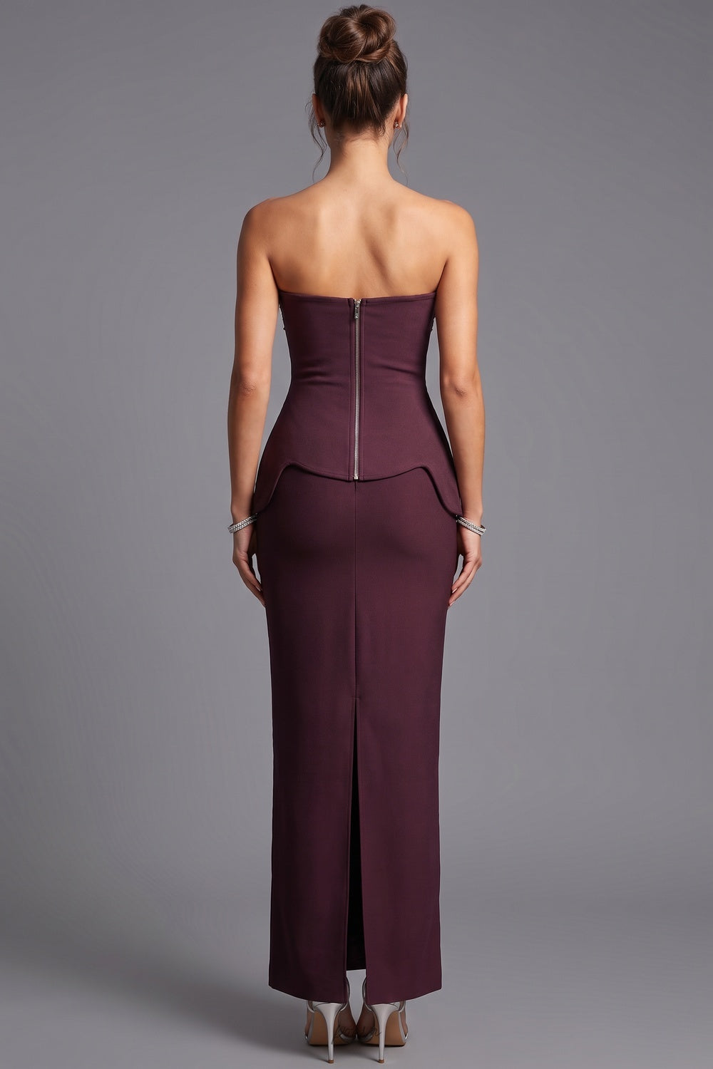 Dark Plum Structured Crepe Column Evening Gown with Peplum Bodice Flowering Girl