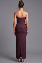 Dark Plum Structured Crepe Column Evening Gown with Peplum Bodice Flowering Girl