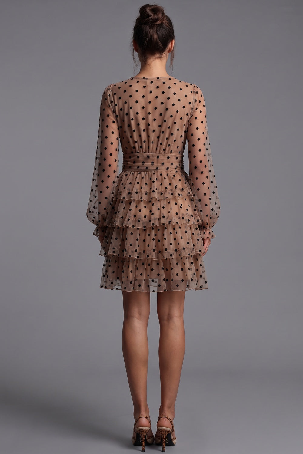 Beige Sheer Mesh Fit-and-Flare Tiered Dress Flowering Girl