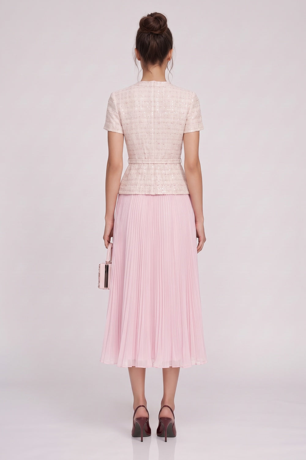 Pale Pink Tweed Fitted Bodice with Peplum and A-Line Skirt Two-Piece Set Flowering Girl