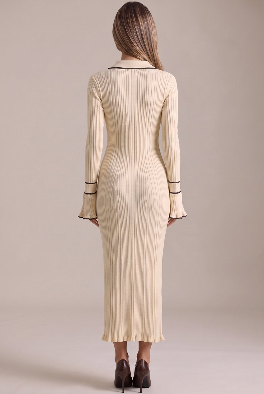 Cream Ribbed Knit Polo Dress with Contrast Trim Flowering Girl