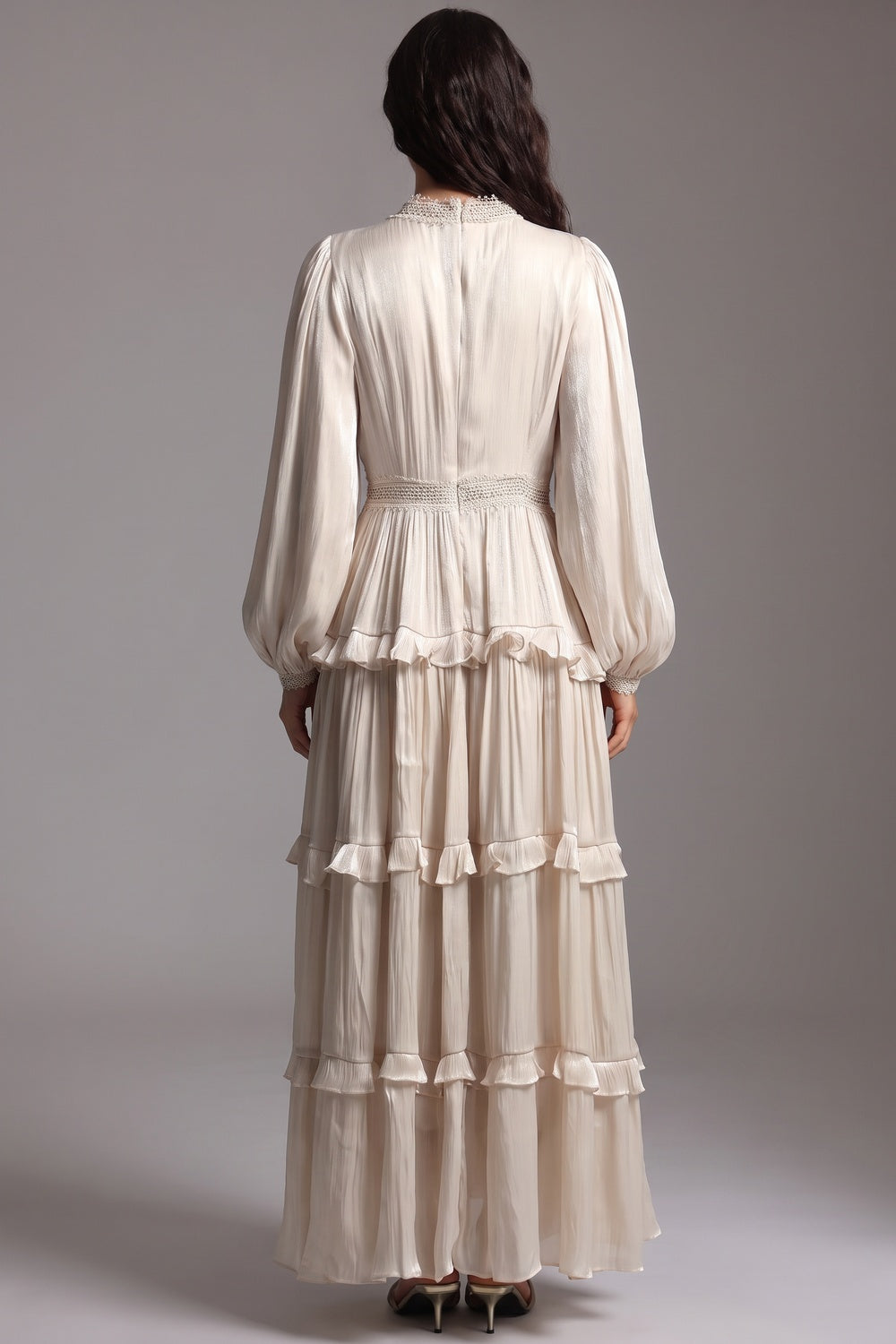 Cream Crinkled Satin Tiered A-Line Maxi Dress Flowering Girl